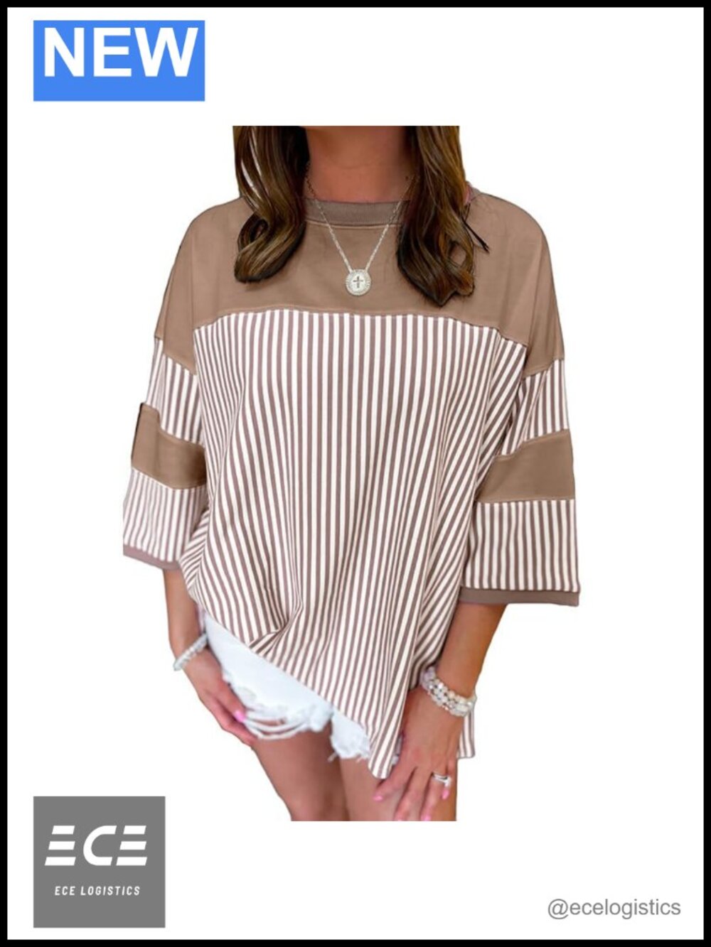 Women's Vertical Striped 3/4 Sleeve Oversized Tee Loose Fit Crew Neck